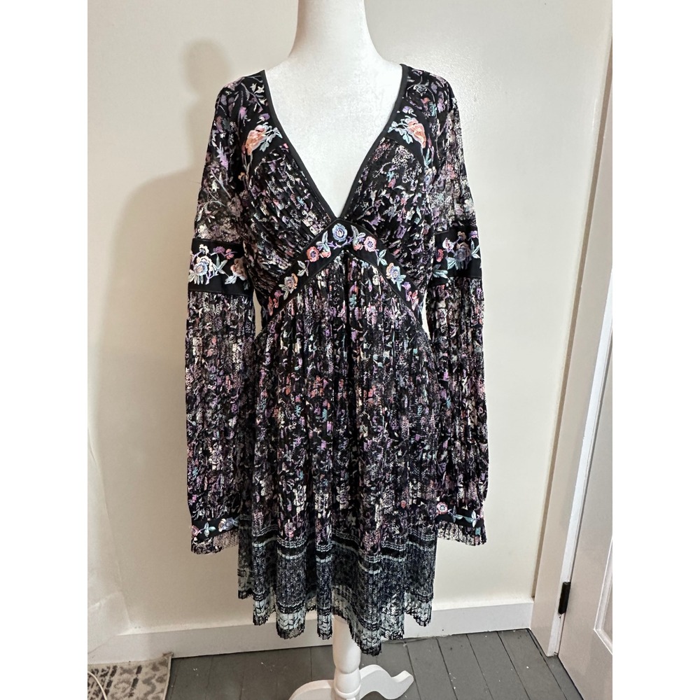 Free People Cherry Blossom Lace V-Neck Mini Dress Long Sleeve Boho Black Multi